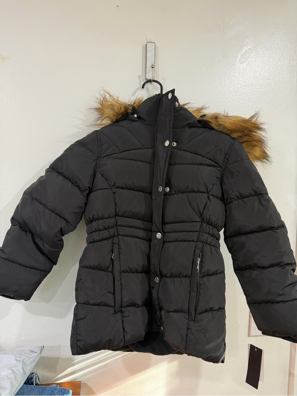 Steve Madden Black Puffer Jacket with Faux Fur Trim